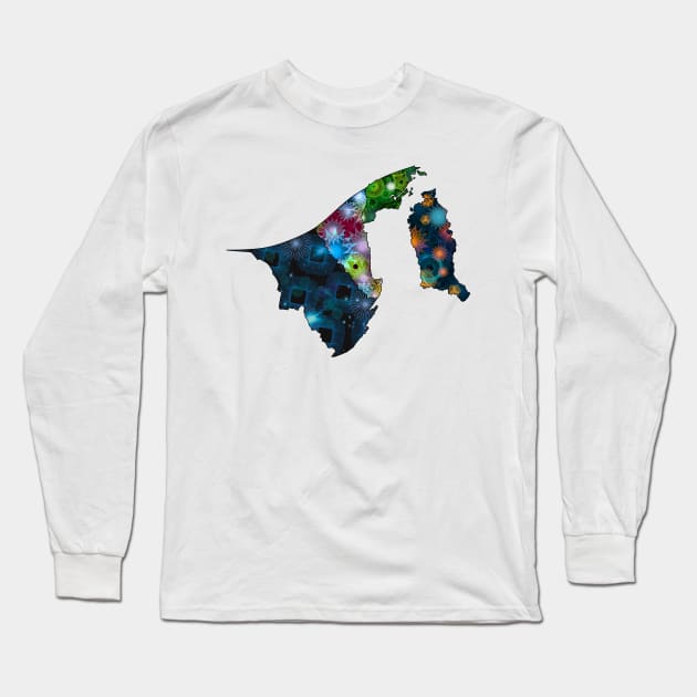 Spirograph Patterned Brunei Districts Map Long Sleeve T-Shirt by RachelEDesigns